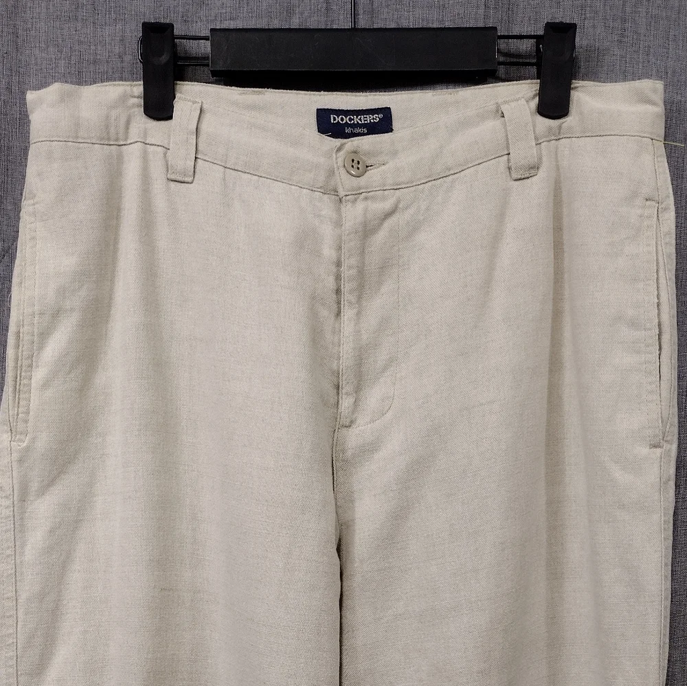 Vintage Dockers Stonewashed Linen Khakis Pants Mens 33x30 Cream Office Retro